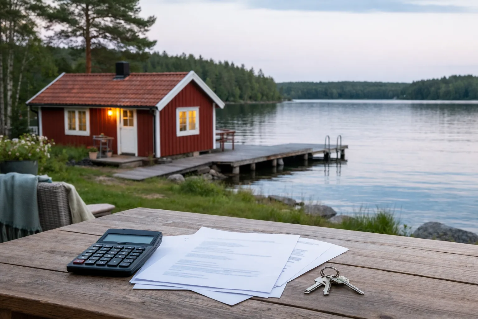 Röd stuga vid en sjö.
